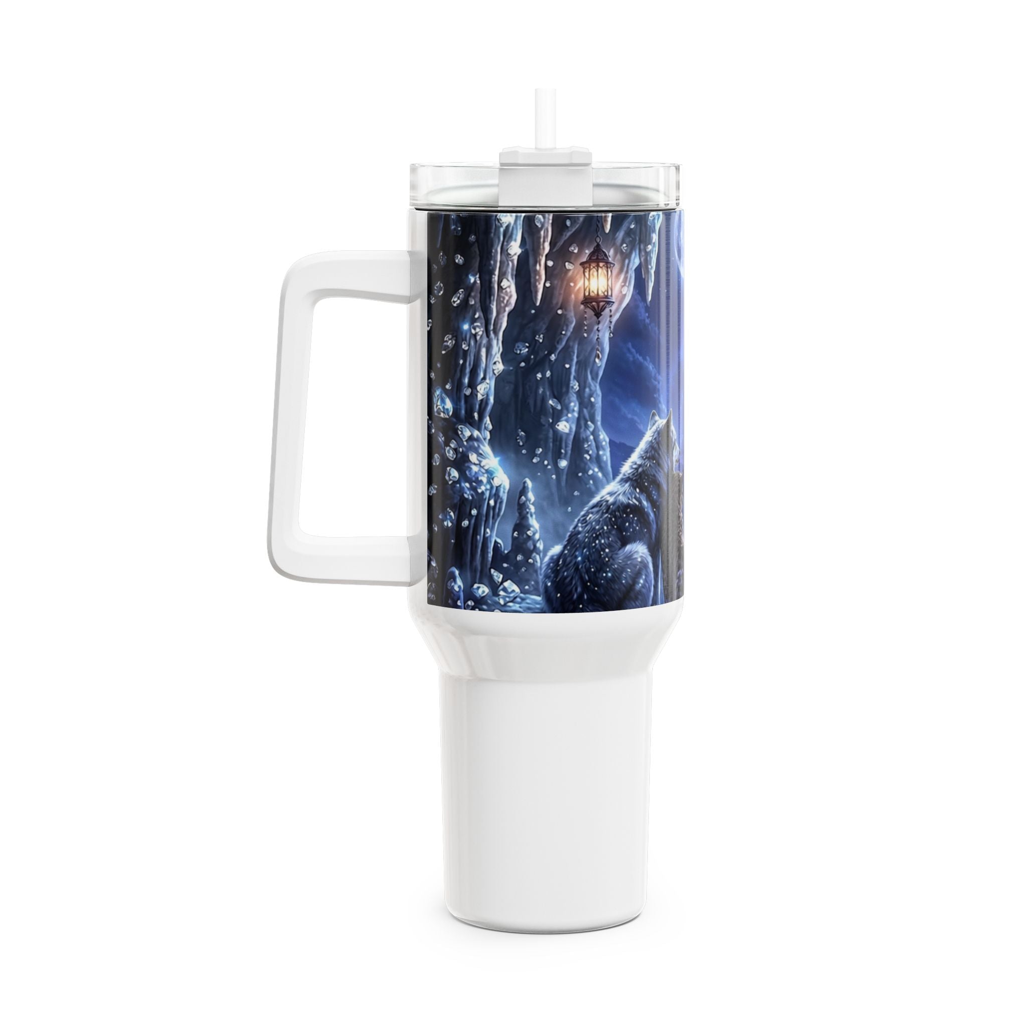 Tumbler 40 oz mit Wolf bei Mondlicht