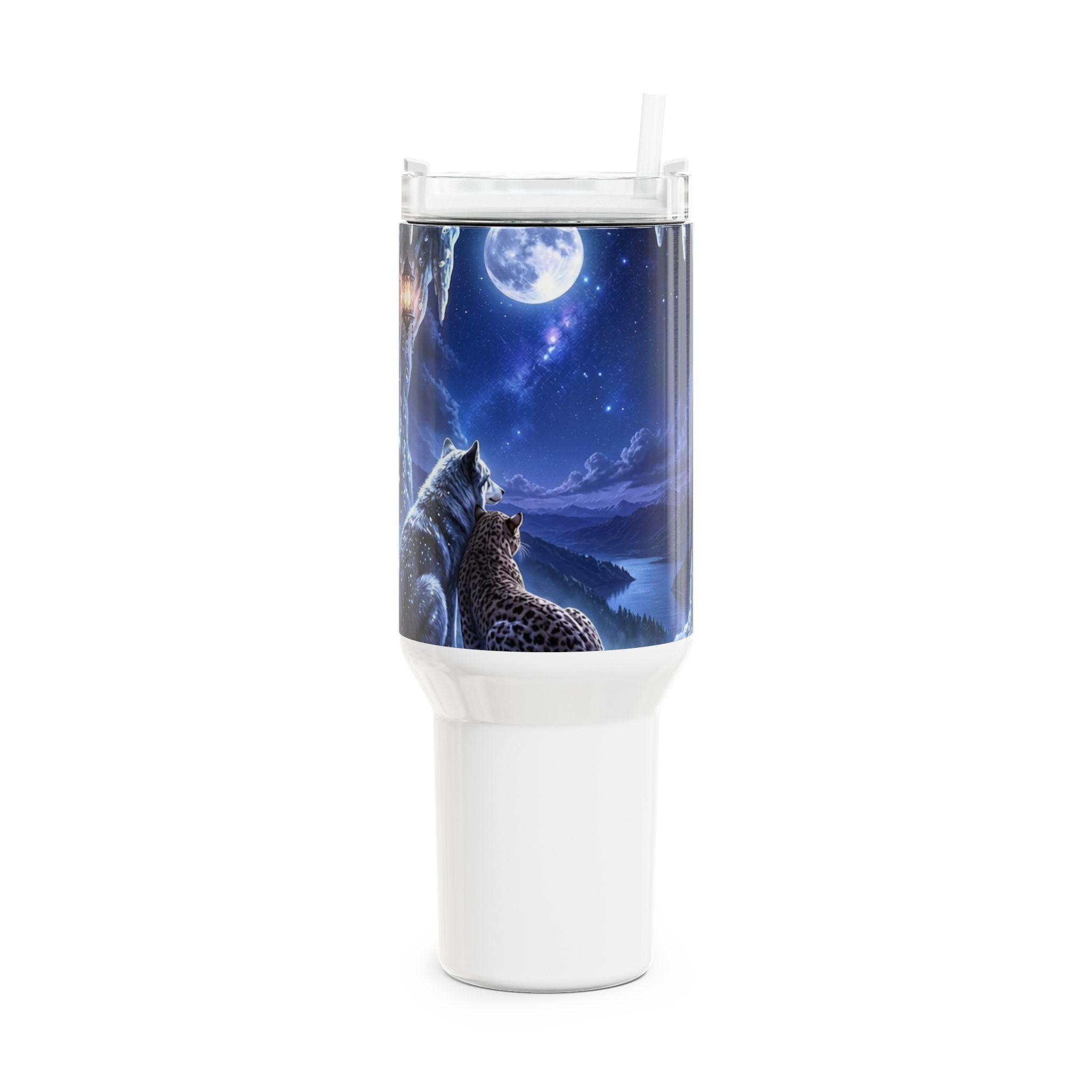 Tumbler 40 oz mit Wolf bei Mondlicht