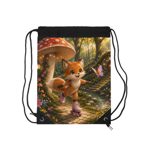 Cute Fox Roller Skating Drawstring Bag — Whimsical Forest Fairy Tale Gym Sack for Kids